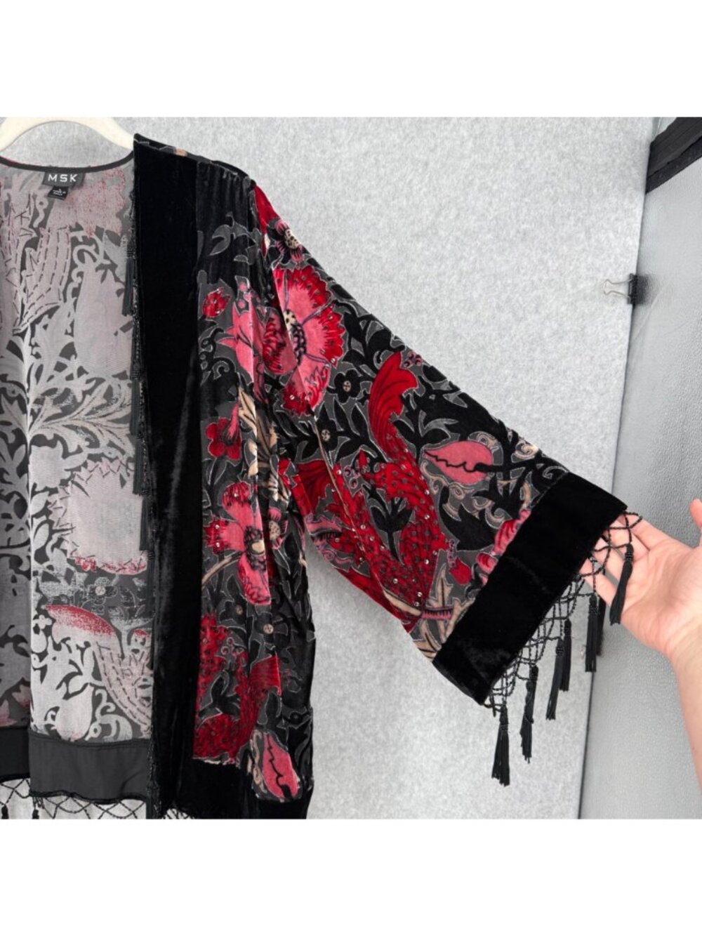 MSK Womens VTG Velvet Burnout Floral Kimono Duster Size L Black Red Whimsy Dark - Picture 4 of 13